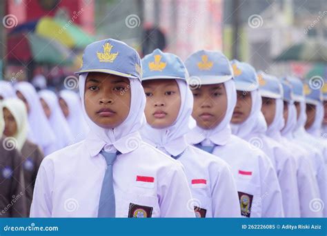 Indonesian Senior High School Students with Uniforms, Marching To ...