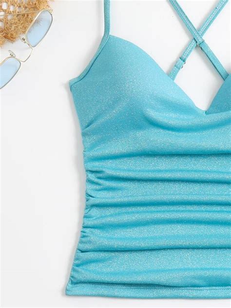 Glitter Tankini Set Ruched Criss Cross Back Top Bikini Bottom 2 Piece Bathing Suit SHEIN USA