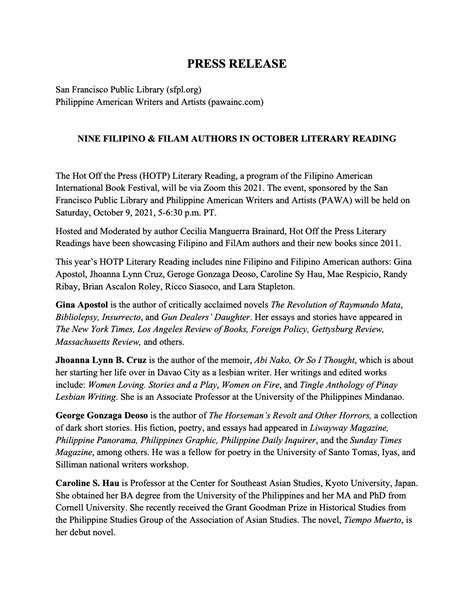 Nine Filipino and Fil Am Authors in October Literary Reading – Philippine Consulate General in ...