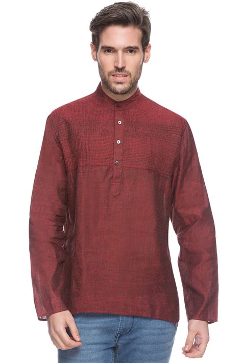 Shatranj Mens Indian Short Kurta Tunic Banded Collar Shirt With Pin