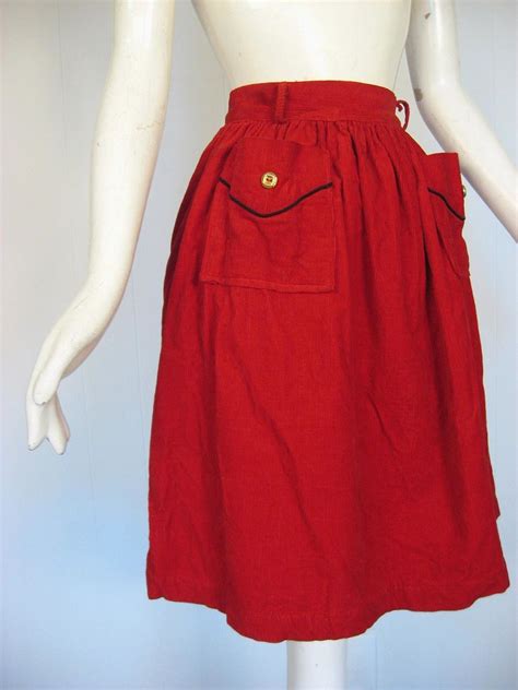 Red Corduroy Skirt With Cute Patch Pockets Karen Small Earth Vintage