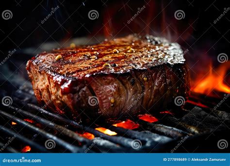 Appetitive Spices Beef Steak Sizzling Over Flaming Grill Gourmet Food