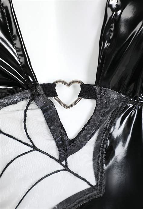 Gothic Sexy Spider Web Lingerie Set Gothic Lingerie Outfit Black Patent Leather Lingerie