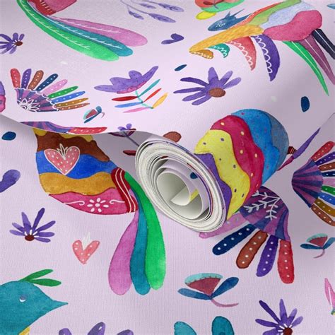 Otomi Mexican Colourful Animals On Light Wallpaper | Spoonflower