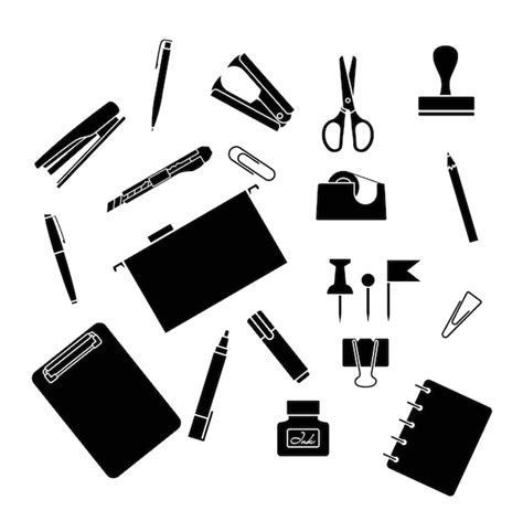 Premium Vector | Set of office supplies silhouette flat icon vector ...