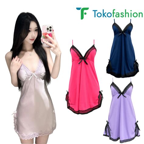 Jual Tokofashion Baju Tidur Lingerie Wanita Gaun Mini Deep V Silk Renda Bahan Satin Bt