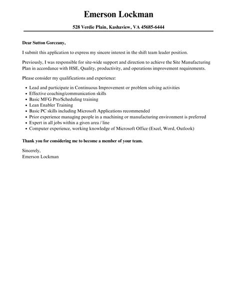 Shift Team Leader Cover Letter Velvet Jobs