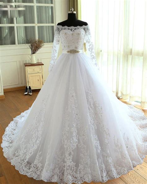 White Long Sleeves Tulle And Lace Elegant Wedding Dress, Beautiful ...