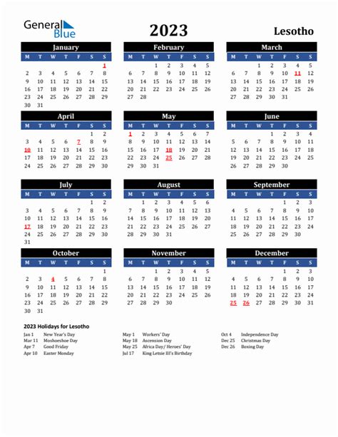 2023 Lesotho Calendar With Holidays