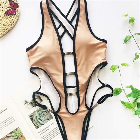 Traje de baño para Mujer Botón de Metal Ahuecado Mono Sexy Push up Bikini de Playa sólido Traje