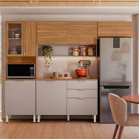 Cozinha Compacta Alba Portas Gavetas Amêndola e Nude