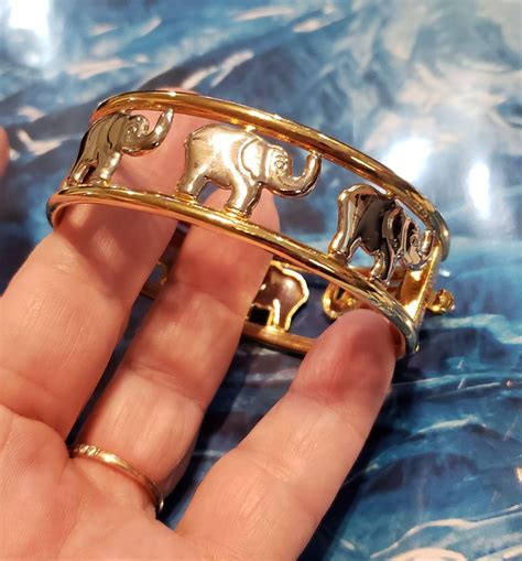 Silver And Gold Elephant Bracelet Vintage Hinged Bangle T Etsy