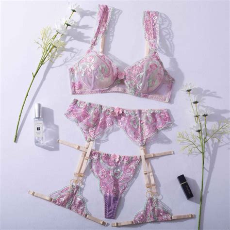 Sheer Mesh Sexy Lingerie Bra Set With Embroidered Flowers