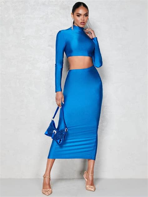 Shein Bae High Neck Crop Top And Pencil Skirt Set Shein Usa