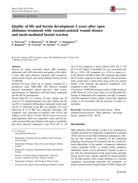 Quality Of Life And Hernia Development 5 Years After Open Abdomen