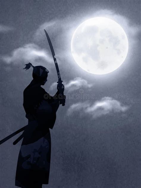 A Japanese Samurai Under The Moonlight Stock Vector Illustration Of