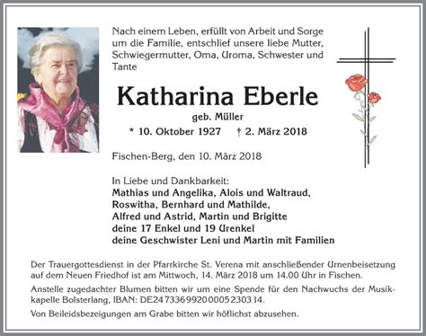 Traueranzeigen Von Katharina Eberle Augsburger Allgemeine Zeitung