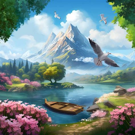 A Bird Flying Over A Lake Surrounded By Trees And Flowers With