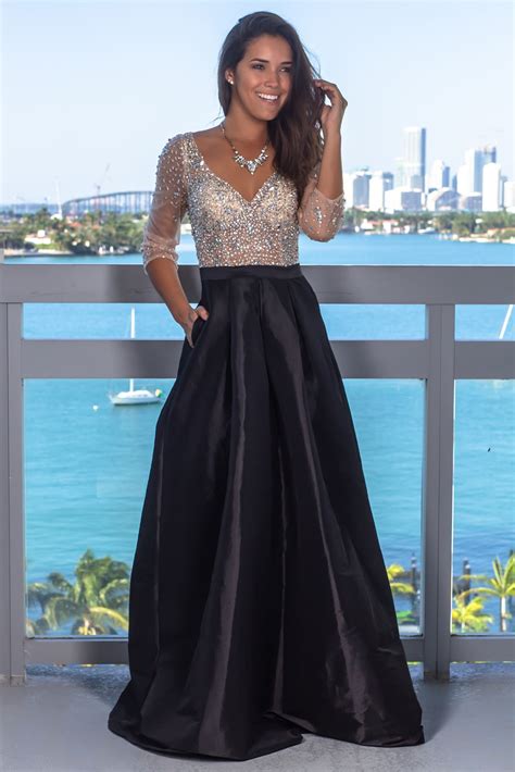 Black Jeweled Top Maxi Dress with Pockets | Formal Dresses – Saved by