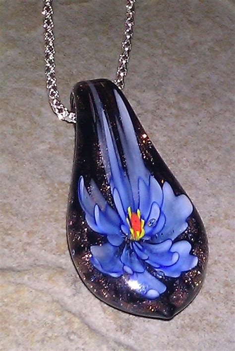 Lampwork Fused Murano Glass Teardrop Necklace Shades Of Blue Flower