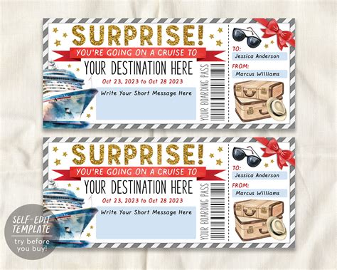 Surprise Cruise Boarding Pass Ticket Editable Template, Cruise Ship Gi