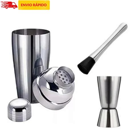 Kit Coqueteleira Dosador E Socador Inox Para Barman E Bartender De