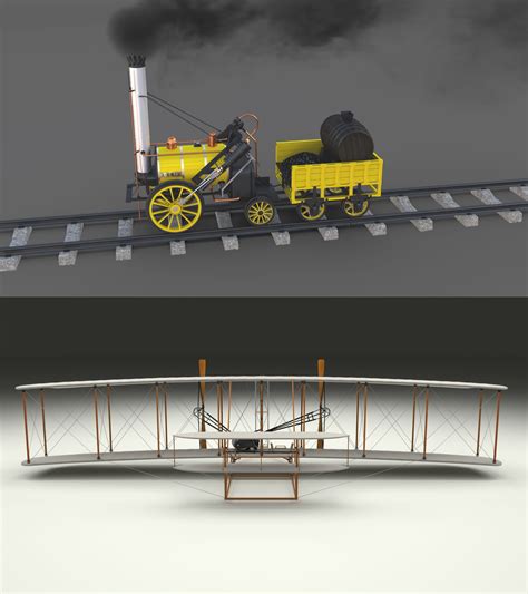 Geanimeerde Raketlocomotief En Wright Flyer Pakket D Model