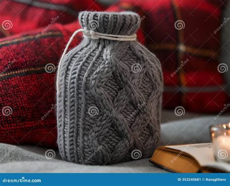 Grey Cable Knit Hot Water Bottle Cover On A Plaid Surface Creating A Rustic And Cozy Setting