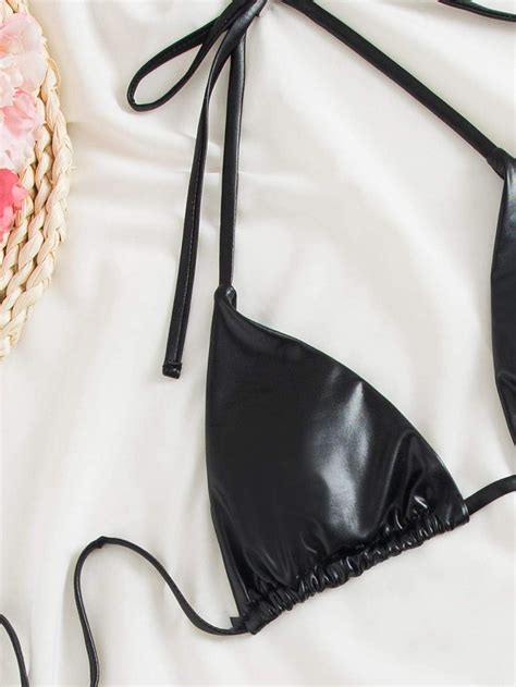 Soly Hux Womens Metallic Halter Top Two Piece Swimsuit Tie Side Triangle Thong Bikini Bathing