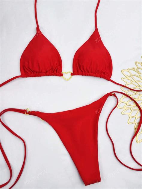 European American Sexy Heart Contrast Color Strap Nylon Fabric Bikini Set Women S