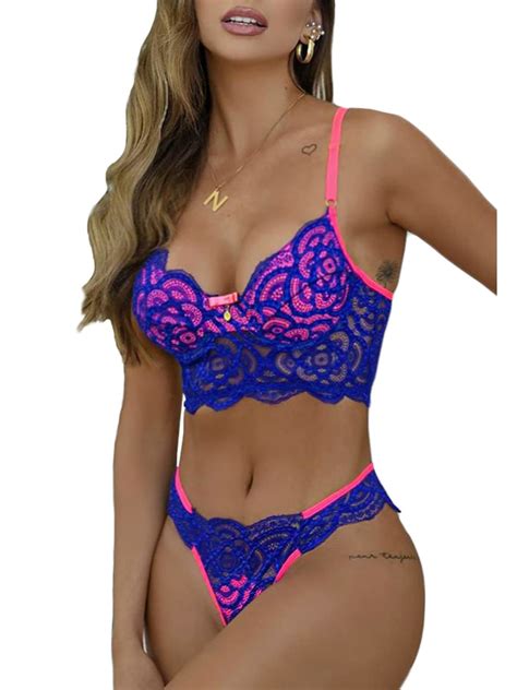 Kaei Shi Sexy Bra And Panty Sets Underwire Floral Lace Lingerie For Women Sheer Scalloped Neon