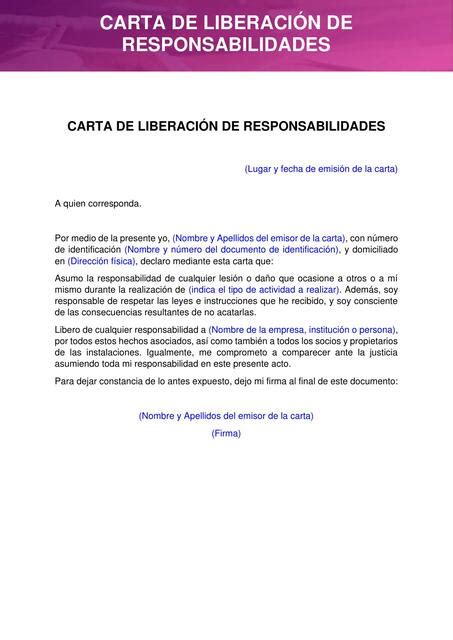 Modelos Carta De Liberaci N De Responsabilidades Cartasymodelos Udocz