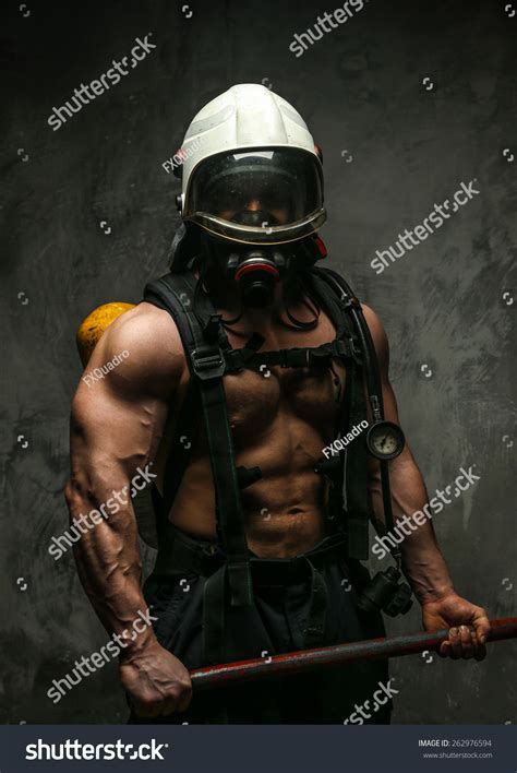 Muscular Firefighter Naked Torso On Grey Stock Photo 262976594