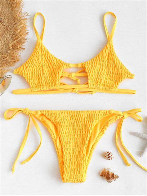 Keyhole Smocked String Bikini RUBBER DUCKY YELLOW Bikinis M ZAFUL