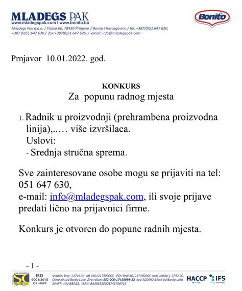 Mladegs pak d o o Konkurs za popunu radnog mjesta više izvršilaca