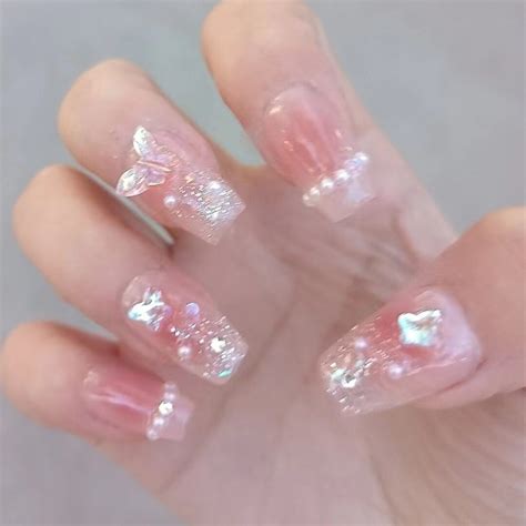 Handmade Pink Nude Blush Clear Butterfly Pearl Gitter Press On Nails Gitter Nails Butterfly