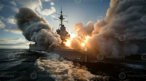 a battleship firing its main guns in a fierce naval 26003554 Stock ...