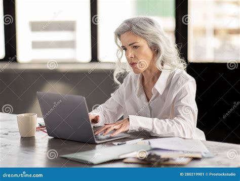 Serious Mature Businesswoman Using Laptop Engaging In Office Work Indoor Stock Image Image Of