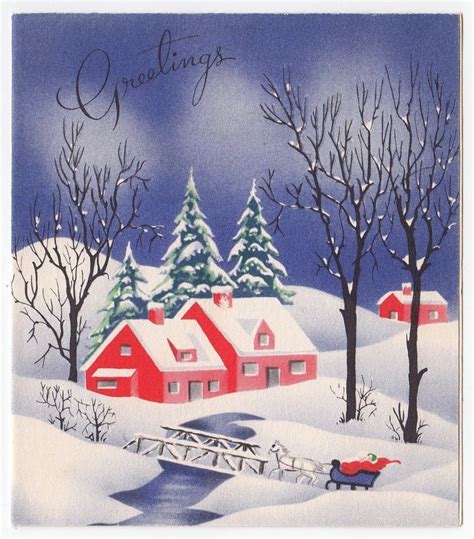 Vintage Greeting Card Christmas Red Houses Snowy Winter Scene Landscape Vintage Christmas