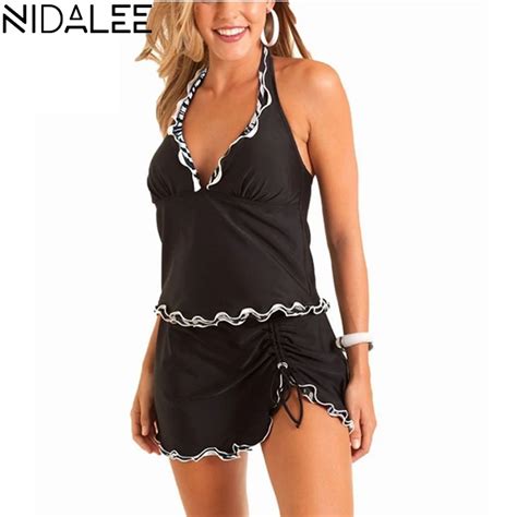 Nidalee Plus Size Two Piece Swimsuit Women Sexy Halter Ruffled Skirt Swimwear Vintage Push Up