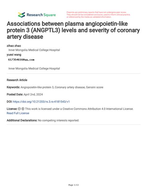 Pdf Associations Between Plasma Angiopoietin Like Protein 3 Angptl3