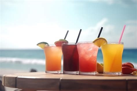 Premium Ai Image Bar Counter On The Beach Glasses With Cocktails Lie