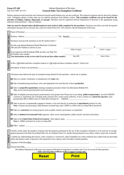 Form St 105 General Sales Tax Exemption Certificate Indiana