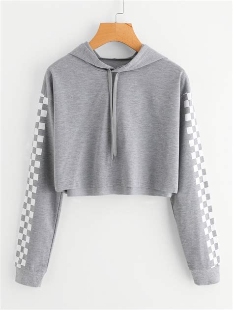 Contrast Checked Sleeve Crop Hoodie Sheinsheinside