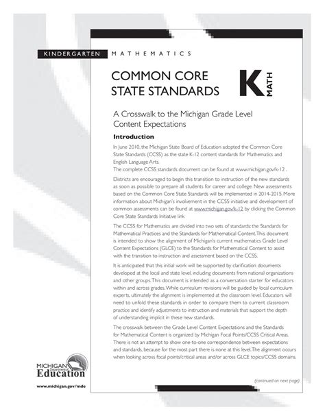 Michigan Kindergarten Standards – Printable PDF Template