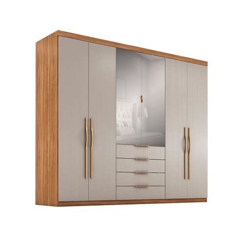 Guarda Roupa Casal Espelho Giardino Portas Gavetas Amêndola e Nude