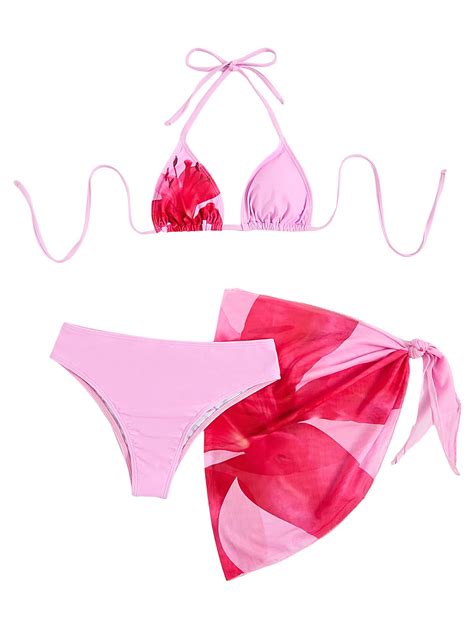 SHENHE Women S 3 Piece Floral Bikini Set With Wrap Coverup Halter Triangle Swimsuits Pink Flower