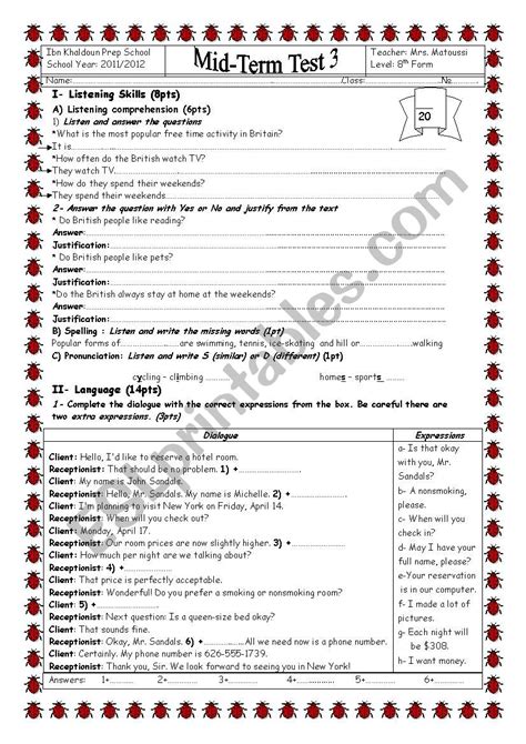 MID TERM TEST 3 8TH FORM ESL Worksheet By Saaidiyasmine