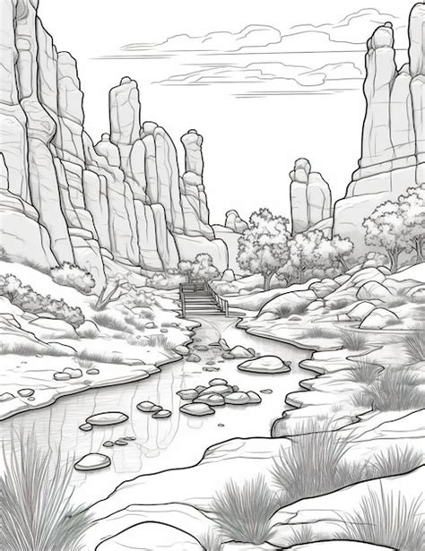 Premium Photo A Black And White Drawing Of A Mountain Stream