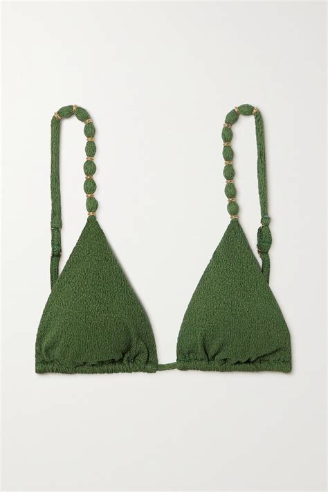 Vix Paula Hermanny Embellished Seersucker Triangle Bikini Top In Green